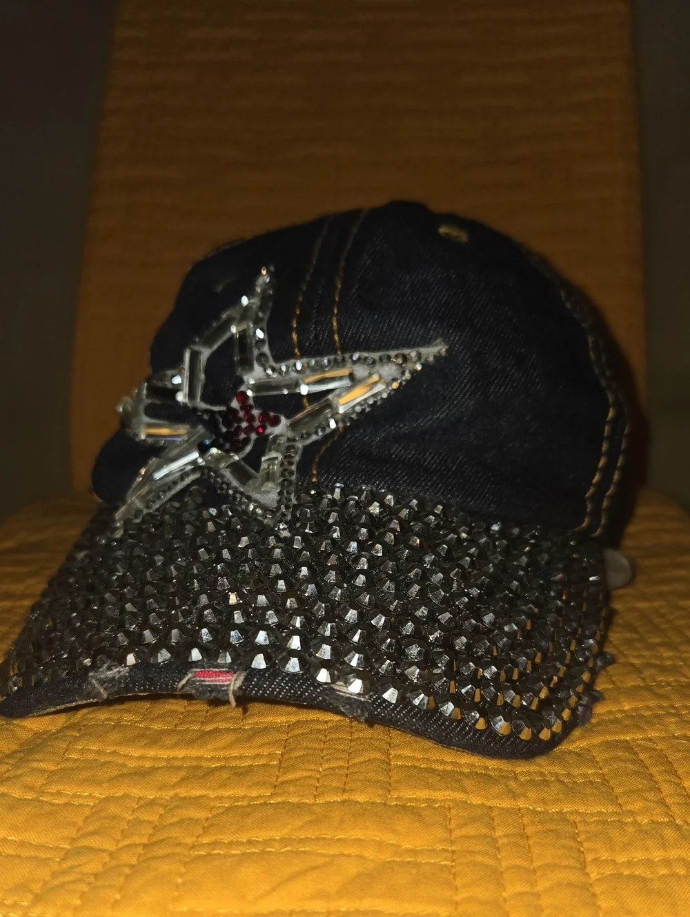 Embellished Blue Denim Texas Lone Star Cap with Studded Brim